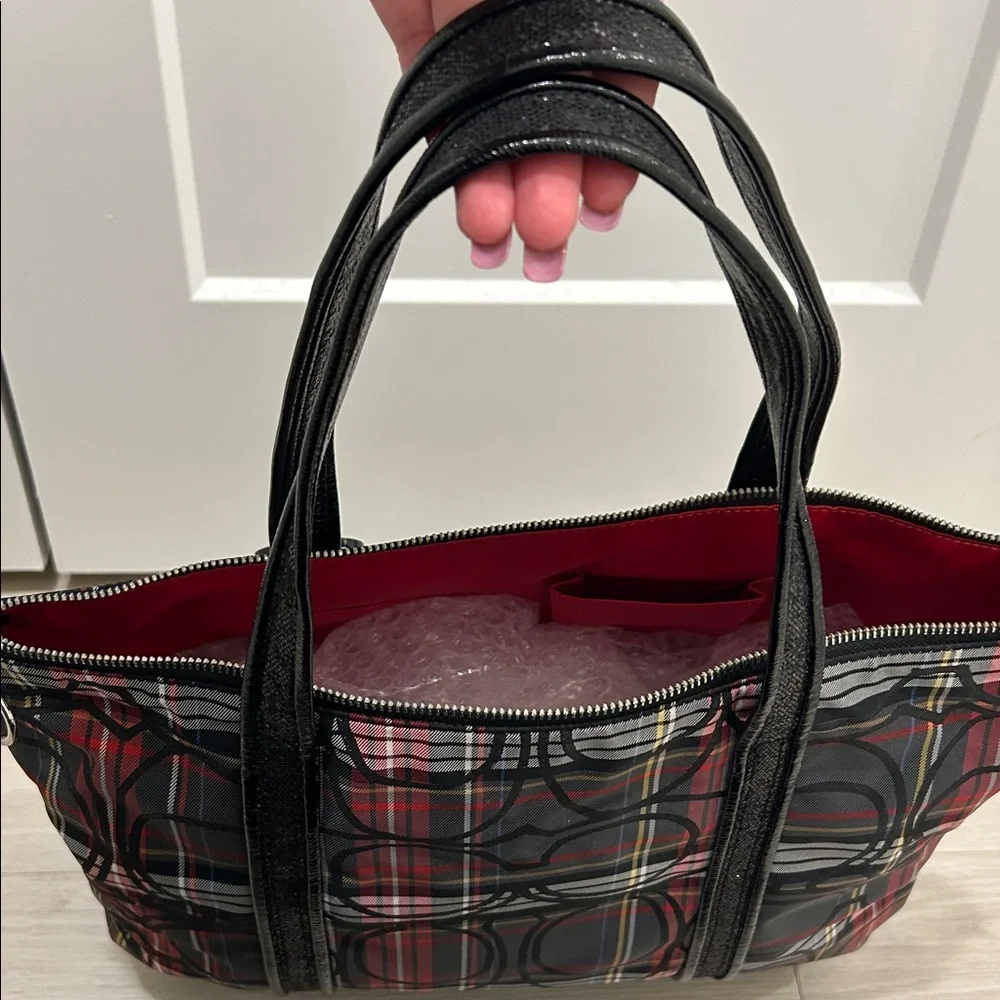 Coach (EUC) Poppy Black and Red Plaid Tote with Black Sequin Trimming & Handles - Picture 14 of 15